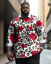Men's Large Size Xoxo Rose Leopard Print Romantic Unique Lapel Long-Sleeved Shirt
